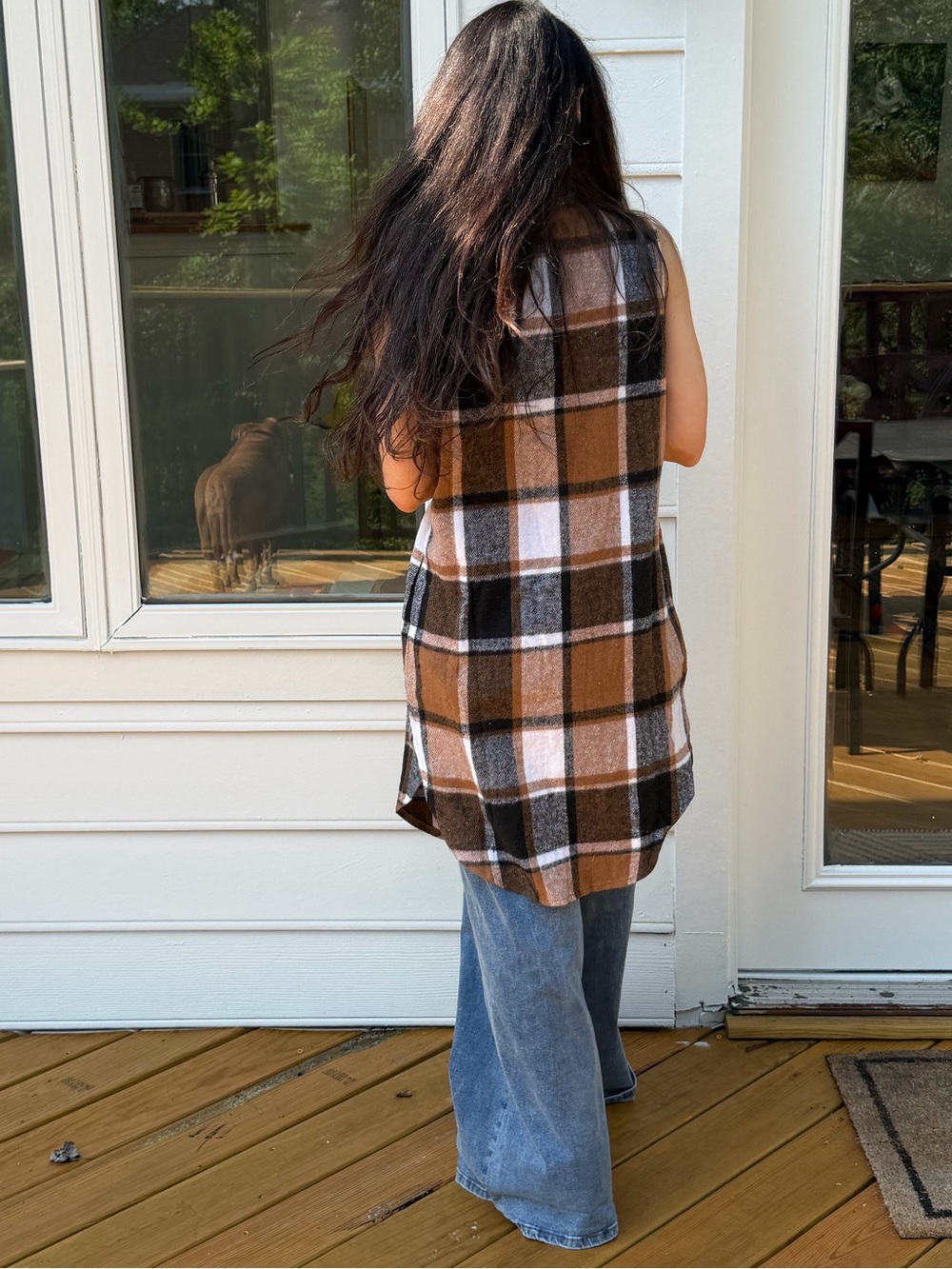 ShopEvelynne Brown Black and White Plaid Long Sleeveless Coat Vest - Picture 5 of 5